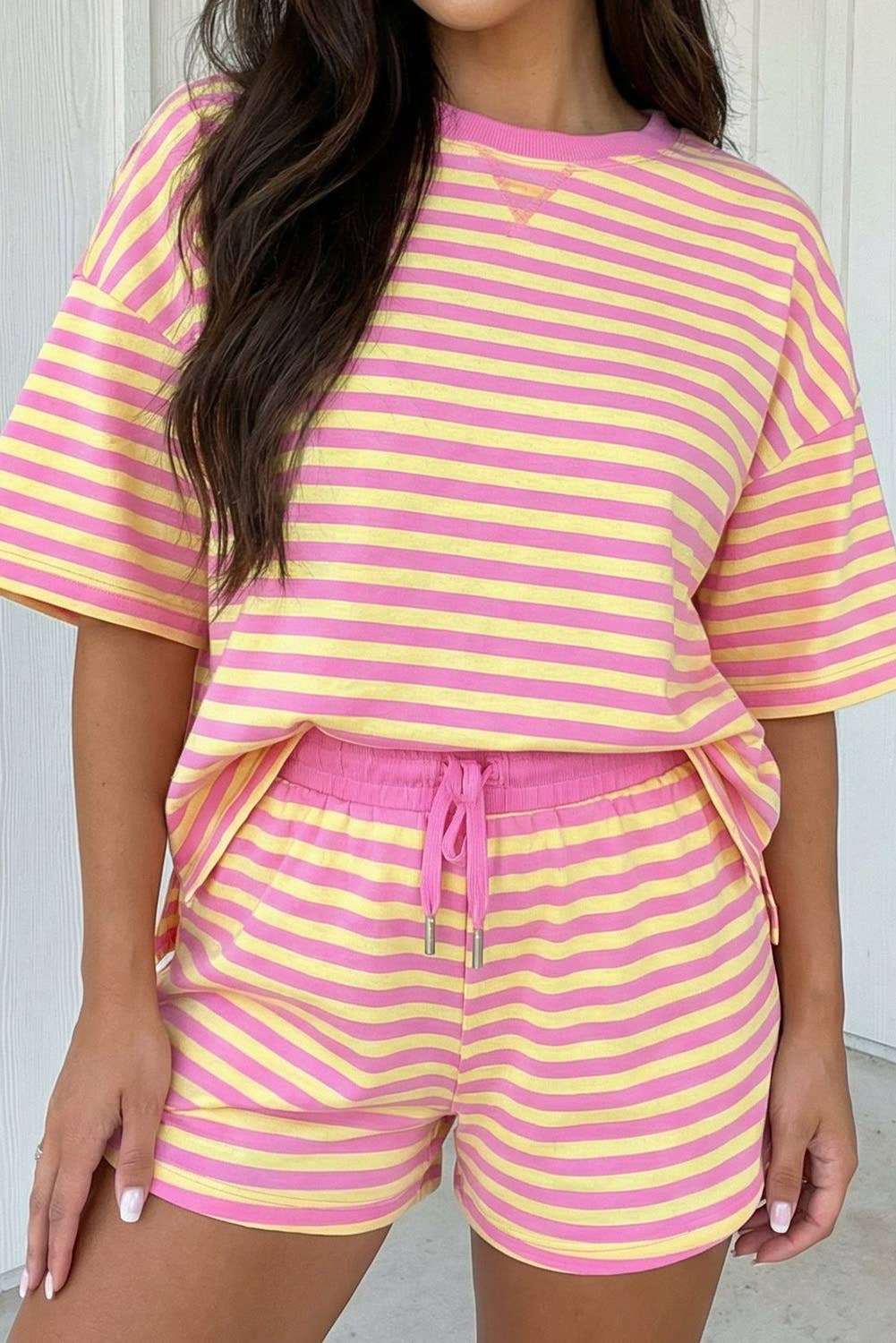 MDB Stripe Contrast Trim Boxy French Terry Short Set Pink/Yellow