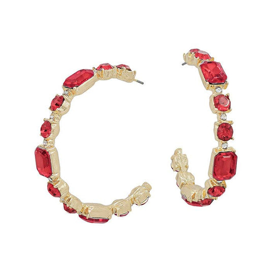 Gold Hoop with Red Mixed Sized Crystal 2" Earring