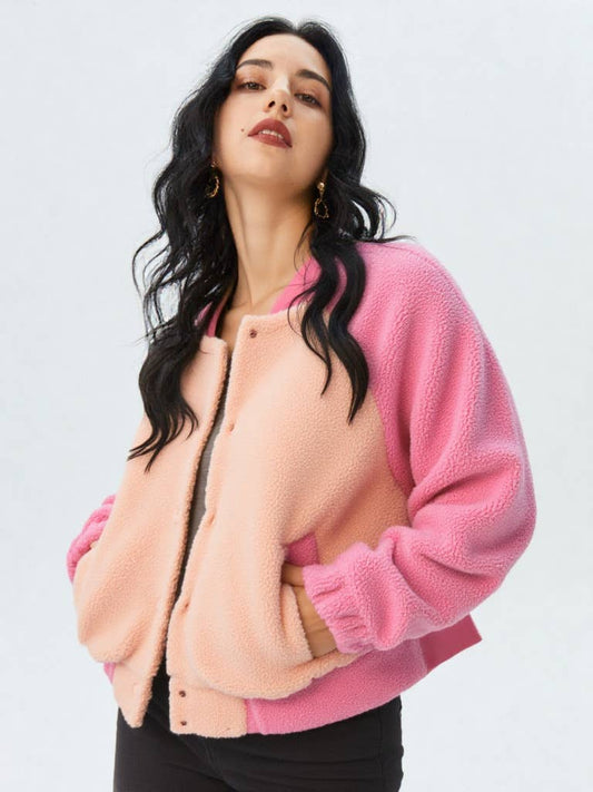 Raglan Sleeve Oversized Color Block Fleece Jacket