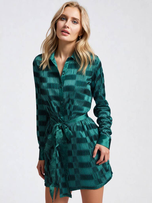 Shiny Satin Pleated Holiday Party Shirt Mini Dress: FOREST