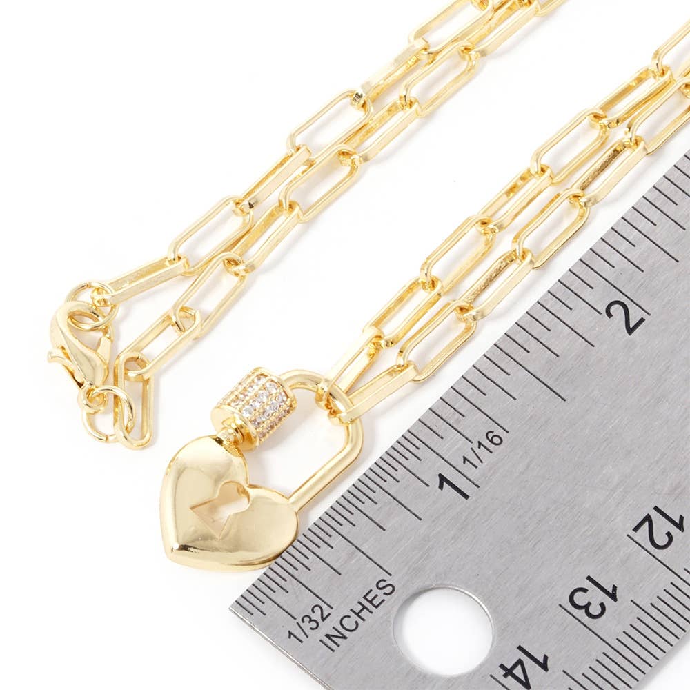 Gold Dipped CZ Paved Heart Lock Pendant Paperclip Necklace: Gold