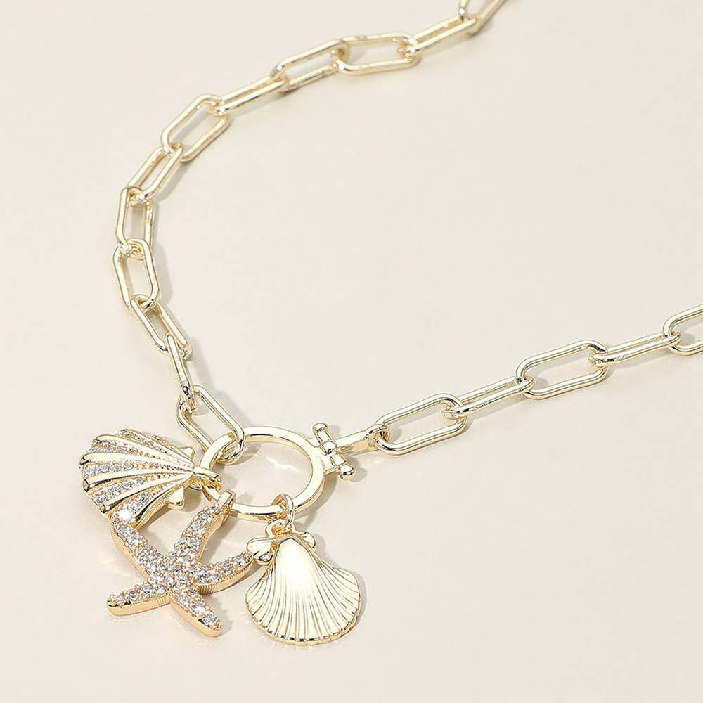 14k Gold Plated CZ Stone Paved Starfish Sea Shell Charm Pendant Industrial Chain Necklace: Gold