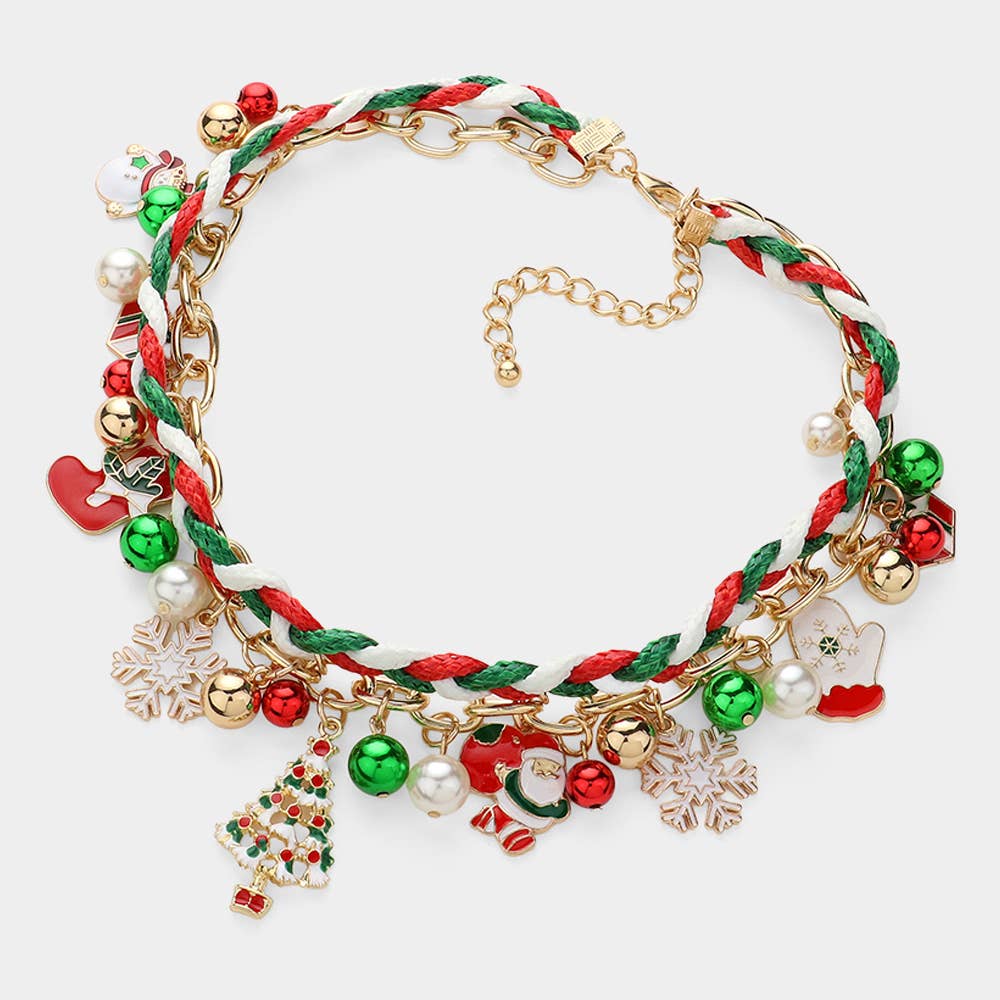 Enamel Christmas Charm Bell Chain Braided Layered Necklace