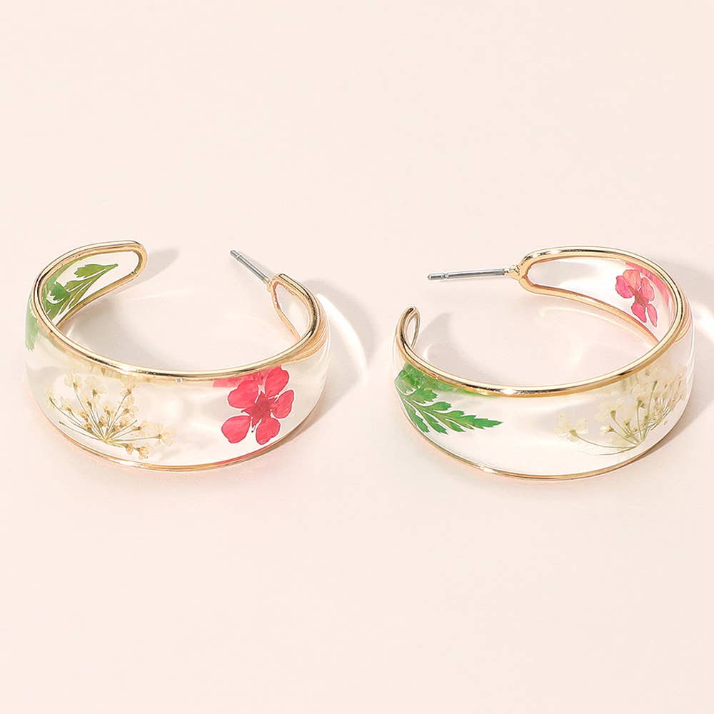 Botanical Floral Encased Hoop Earrings: Gold,Pink