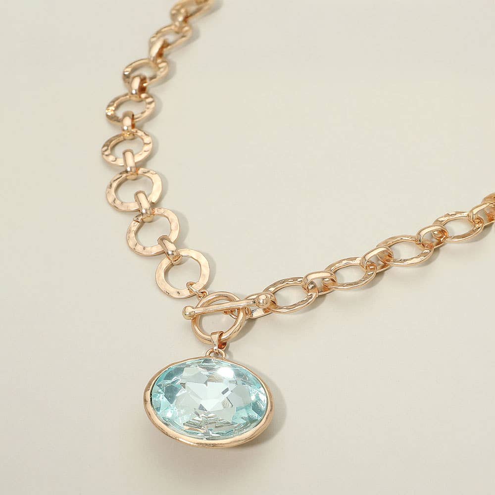 Bold Oval Gemstone Pendant Brushed Metal Chunky Chain Toggle Necklace: Green