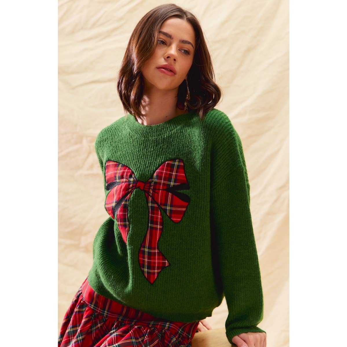 CHECKER PLAID RIBBON CHRISTMAS HOLIDAY SWEATER TOP: GREEN / S