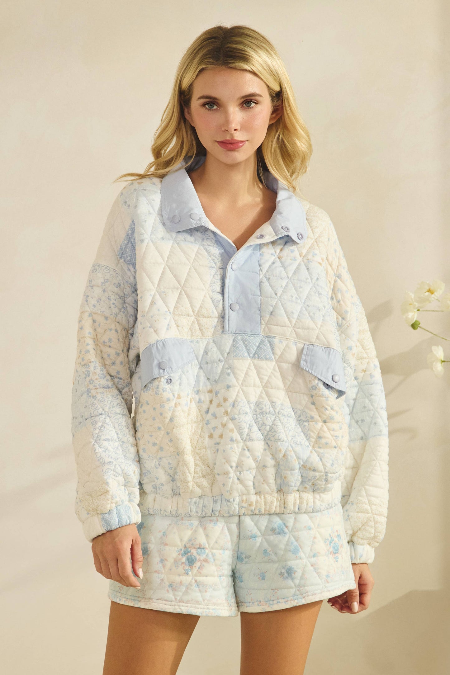 Quilted Contrast printed Quarter Button Sweatshirt