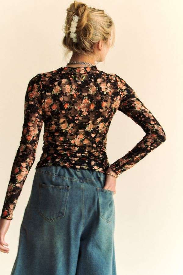 FLORAL PRINT MESH LONG SLEEVE LAYERING TOP: BLACK/ORANGE