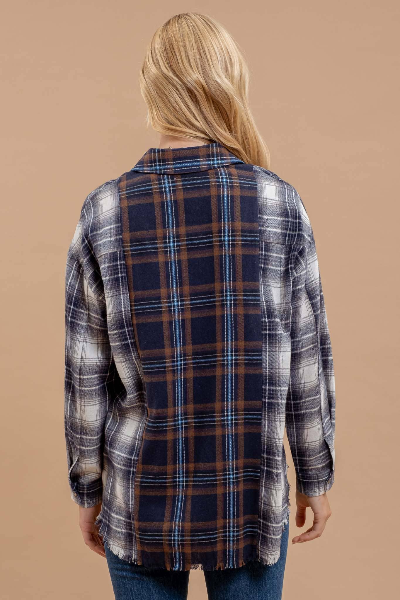 PLAID PATCHWORK BUTTON DOWN FLANNEL: NAVY MULTI
