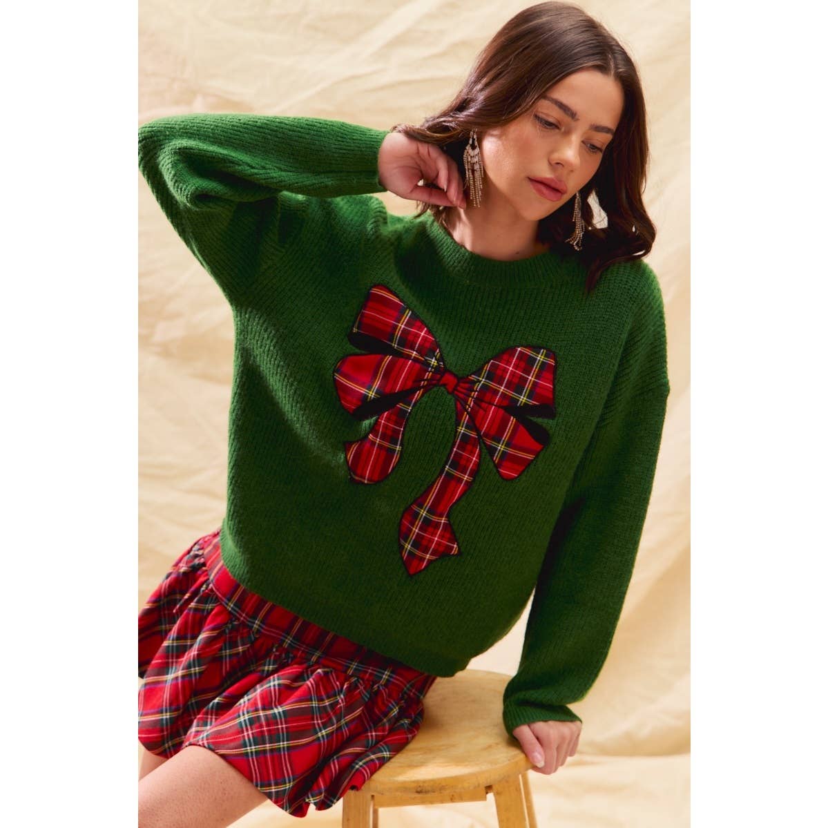 CHECKER PLAID RIBBON CHRISTMAS HOLIDAY SWEATER TOP: GREEN / S