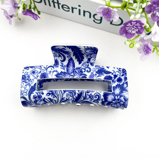 Blue & White Porcelain Pattern Rectangular Hair Claw Clip