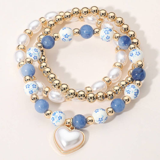 Pearl Heart Floral Ceramic Metal Ball Stretch Bracelets