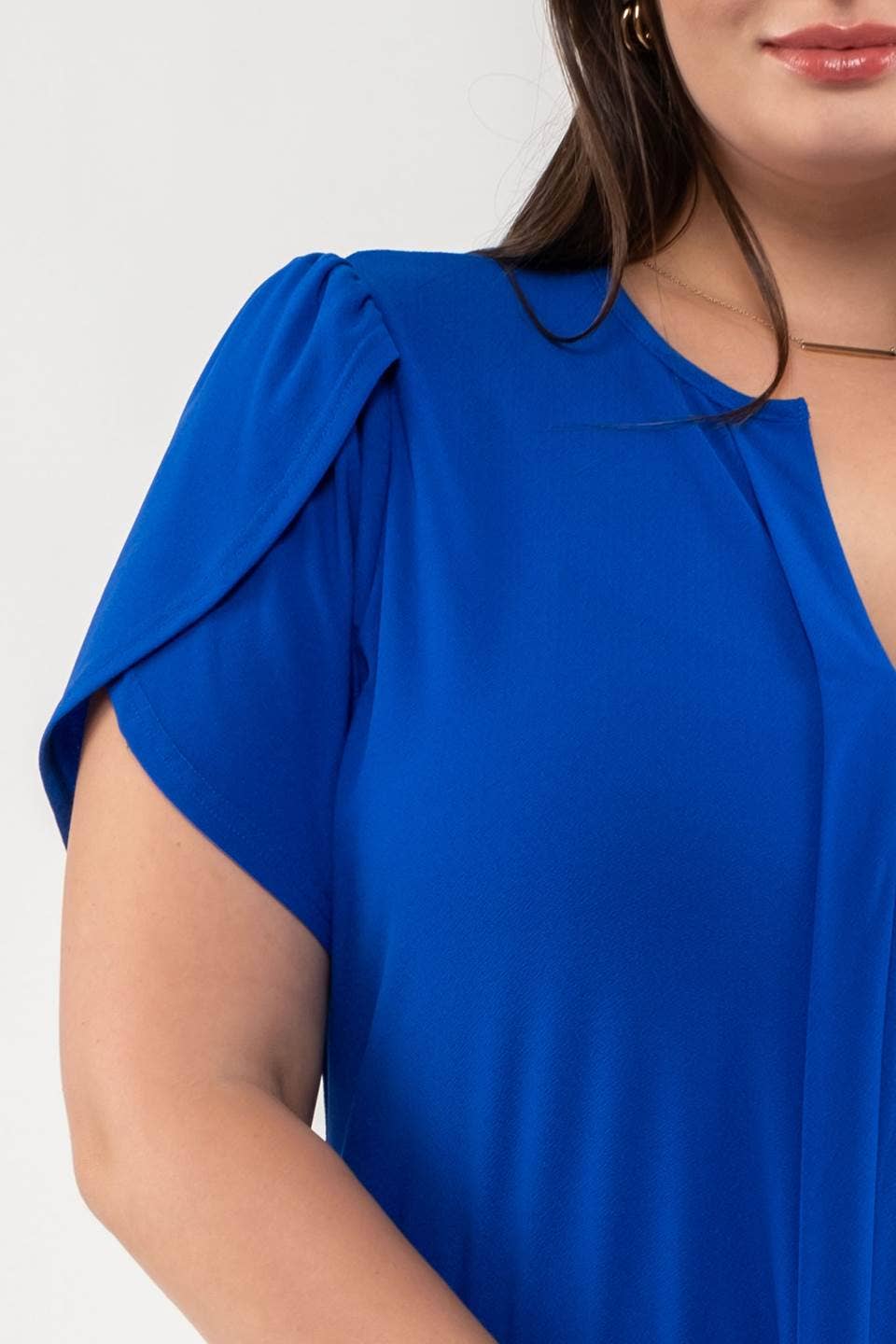 PLUS DRAPE SLEEVE SPLIT NECK TOP: ROYAL BLUE