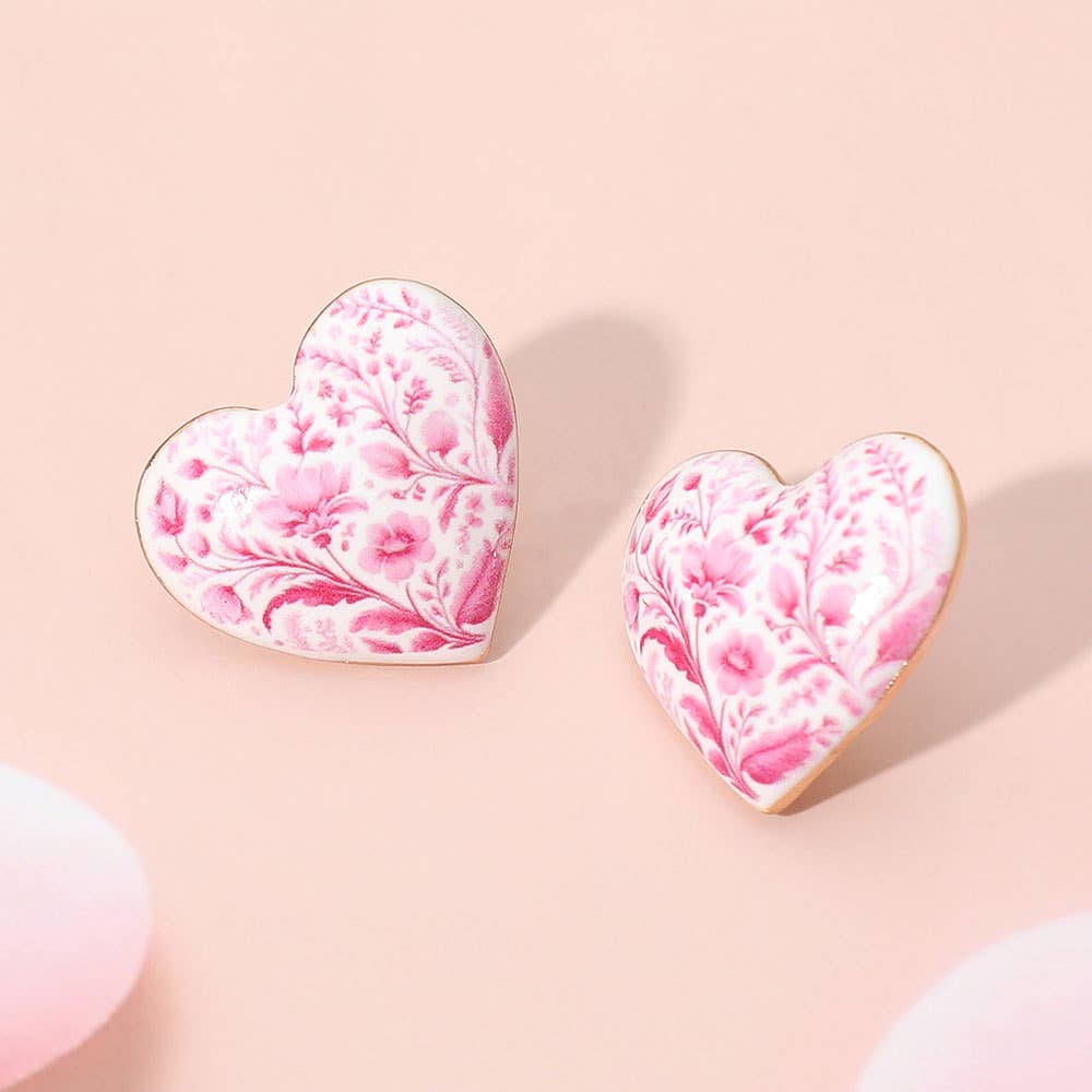 Floral Heart Stud Earrings: Pink
