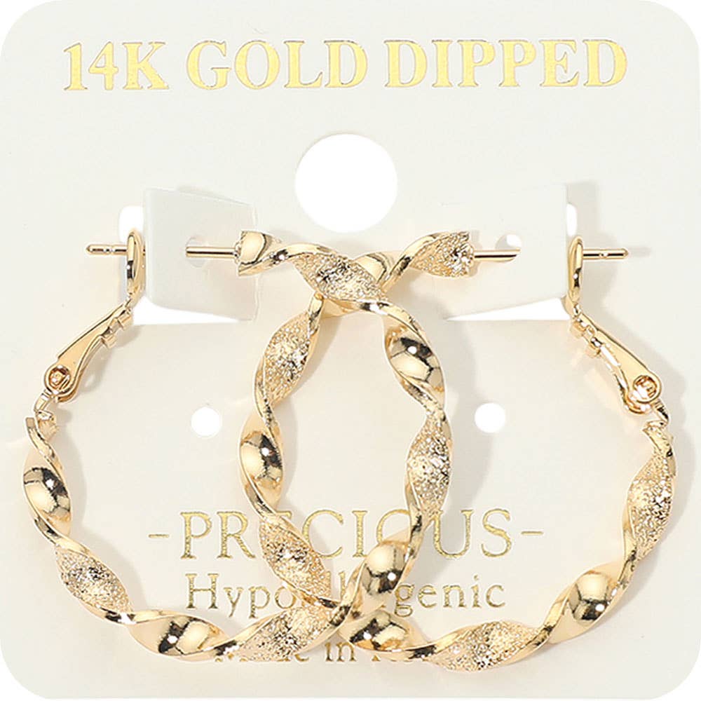 14K Gold Dipped Textured Twisted Hoop Earrings: Gold