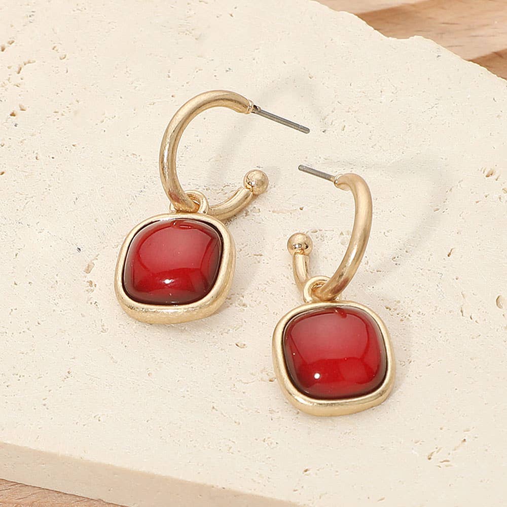 Square Stone Drop Hoop Earrings