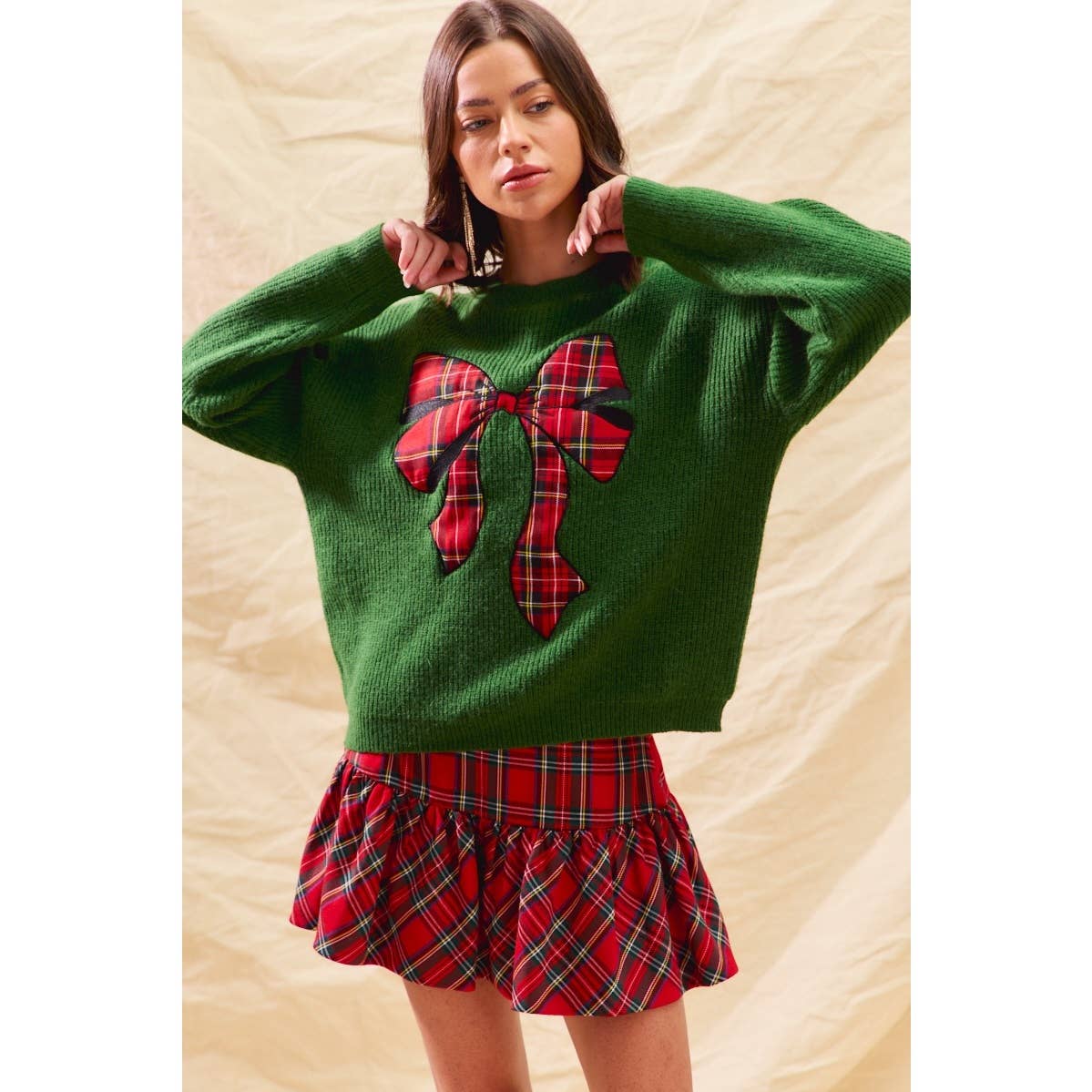 CHECKER PLAID RIBBON CHRISTMAS HOLIDAY SWEATER TOP: GREEN / S