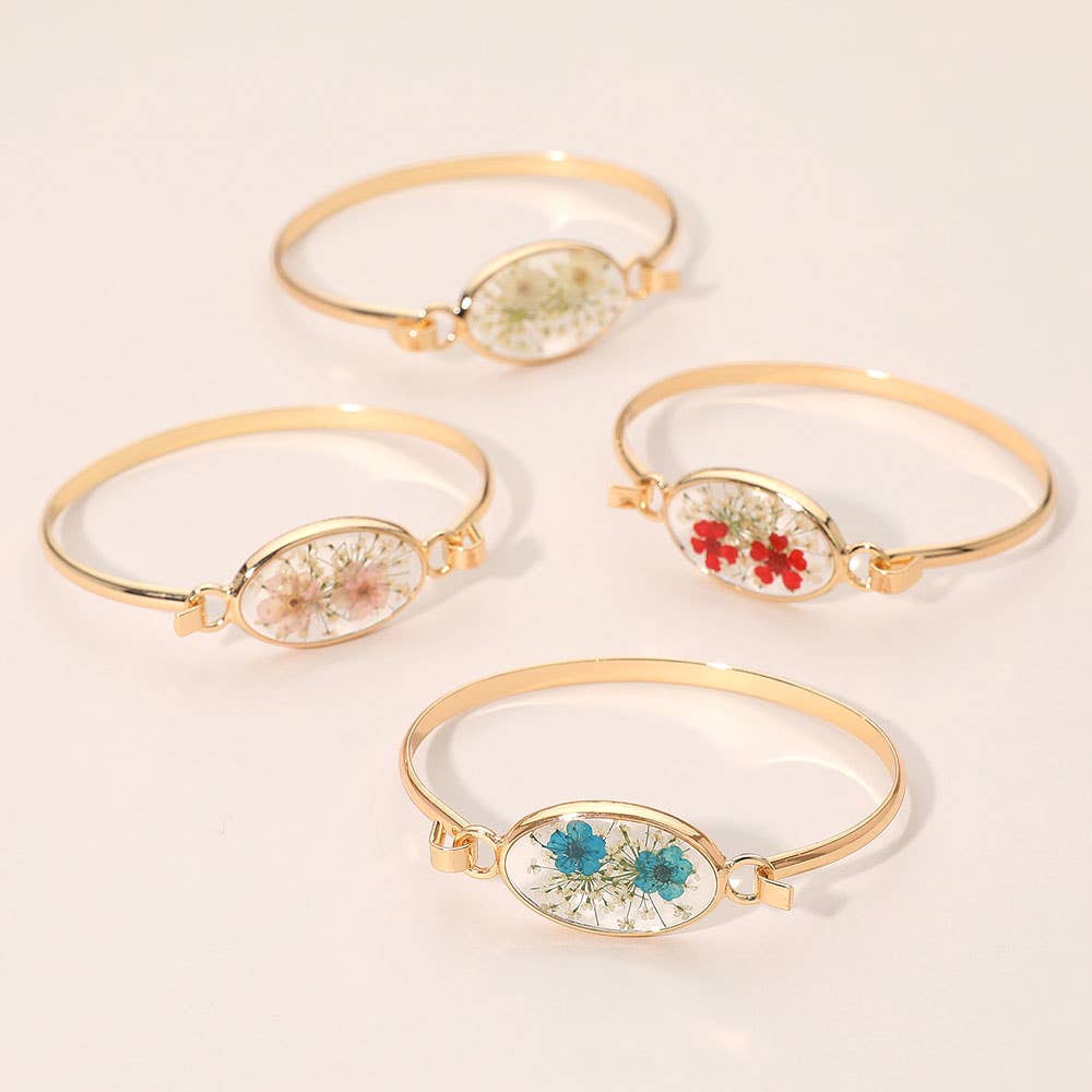 Floral Encased Oval Accent Bangle Bracelet: Gold,White