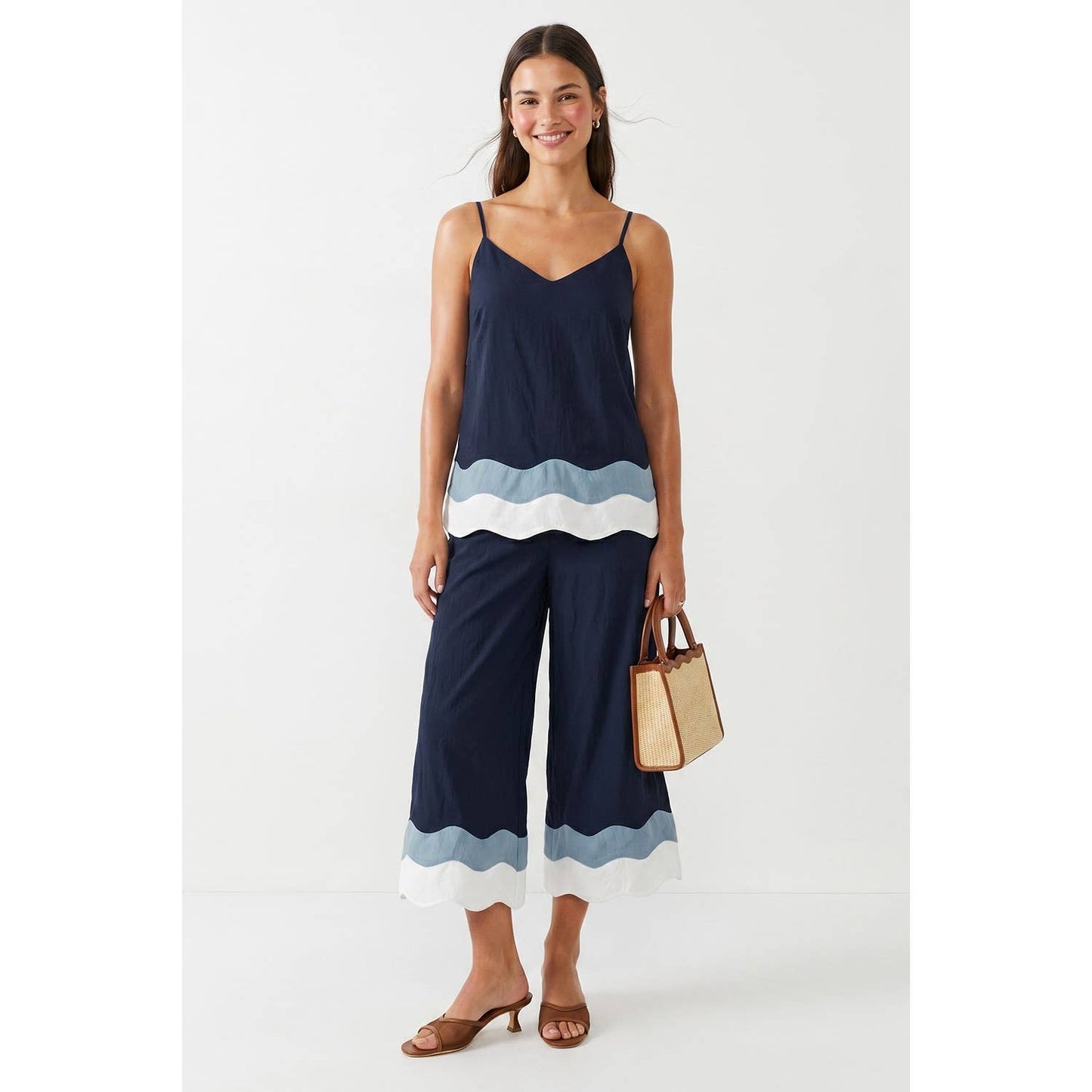 Wavy Colorblock Wide Leg Pants: Dark Navy / S