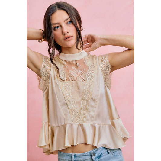SATIN MOCK NECK LACE TRIM PEPLUM BLOUSE TOP