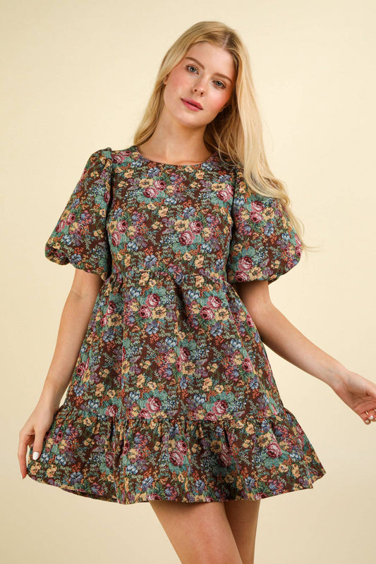 Floral Jacquard Fabric Mini Dress