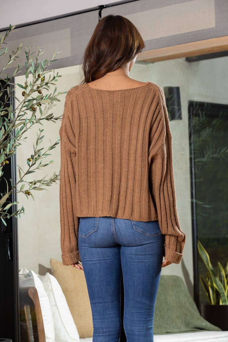 CAMEL V-NECK LONG SLEEVES CROP TOP SWEATER