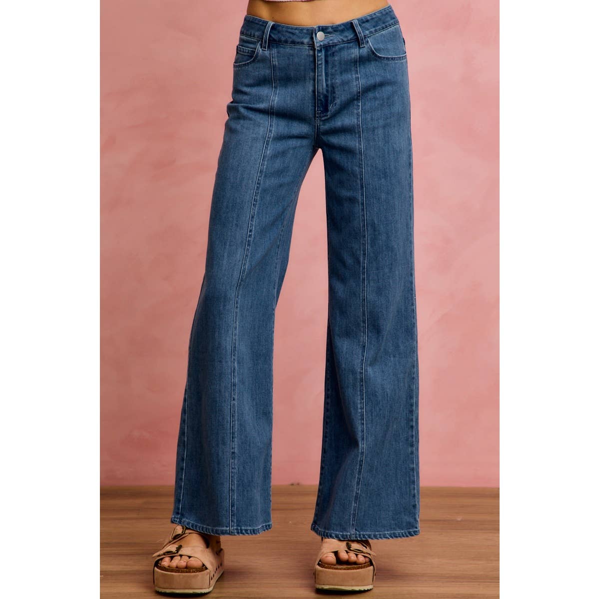 SEAM DETAIL MID RISE STRETCH DENIM JEANS PANTS