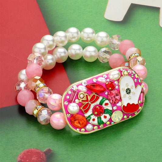 Christmas Plate Pointed Pearl Beaded Stretch Bracelet