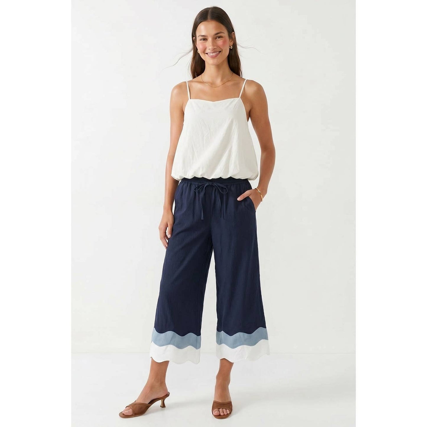 Wavy Colorblock Wide Leg Pants: Dark Navy / S