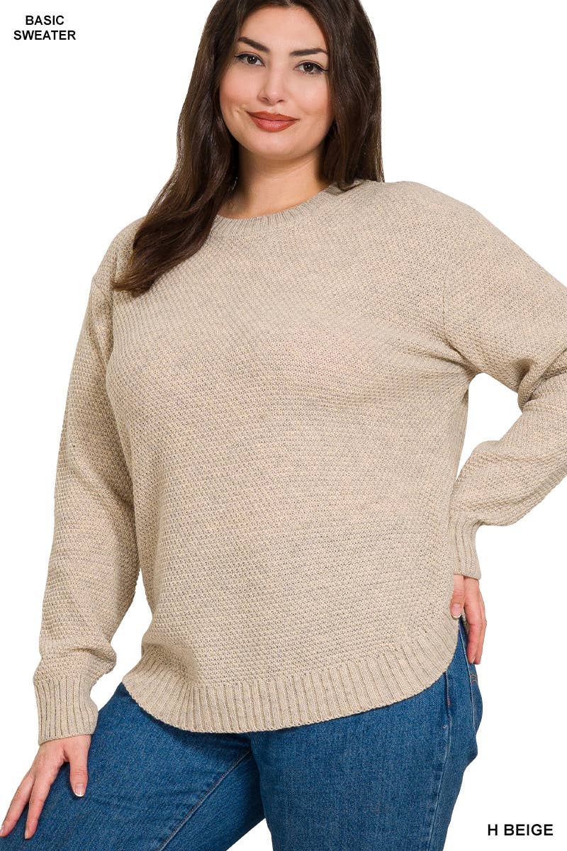 Plus Round Neck Basic Sweater Zenana: BEIGE
