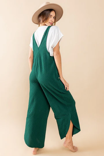 FOREST GREEN TEXTURED KNIT SLEEVELESS JUMPSUIT