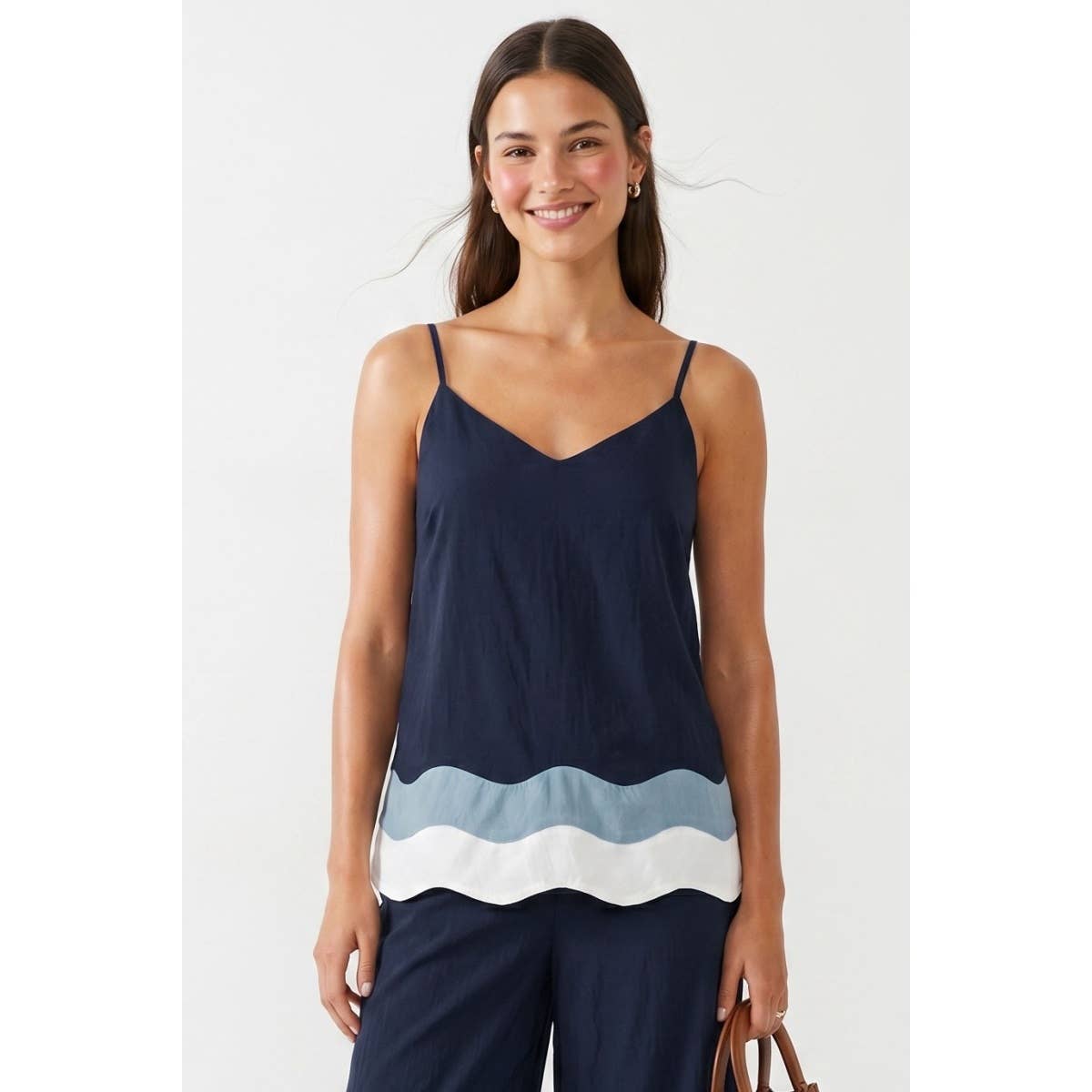 Wavy Colorblock V-neck Set: Dark Navy