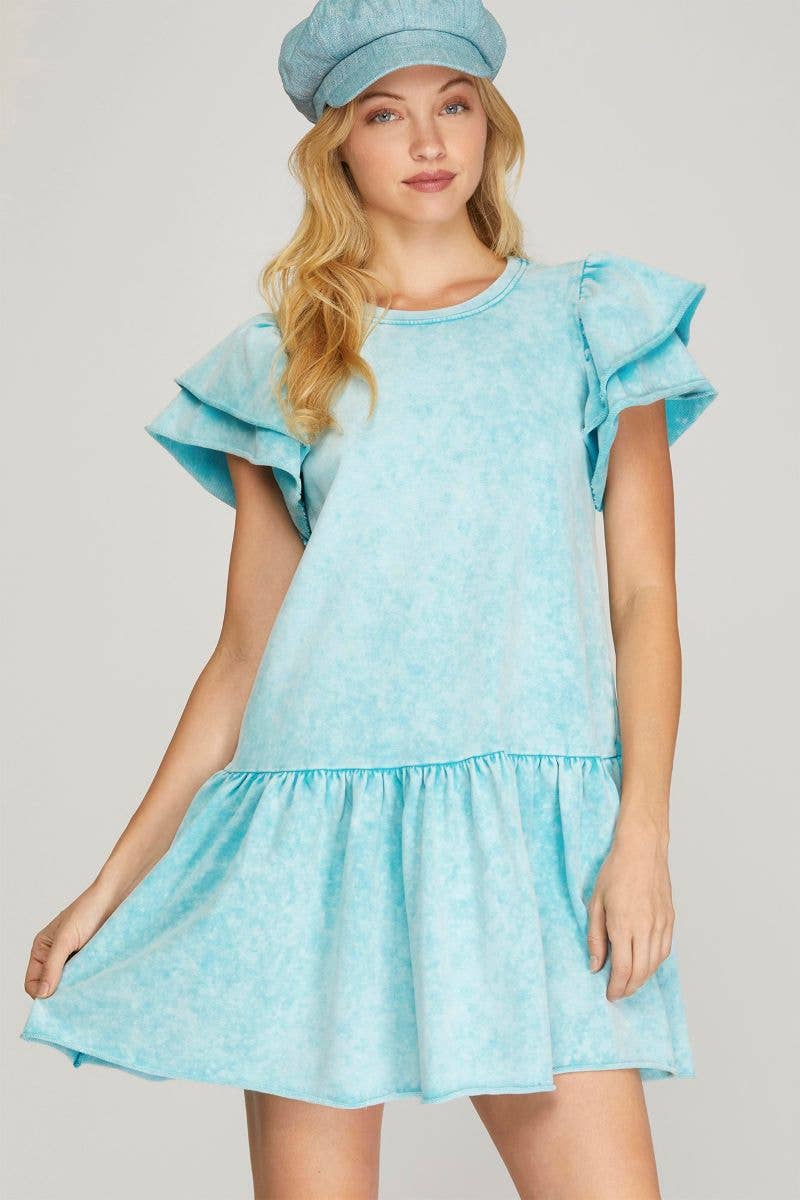 BLUE RUFFLE SLEEVES FRENCH TERRY MINI DRESS