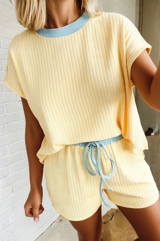 MDB Collection Ribbed Color Block Trim Casual Shorts Set
