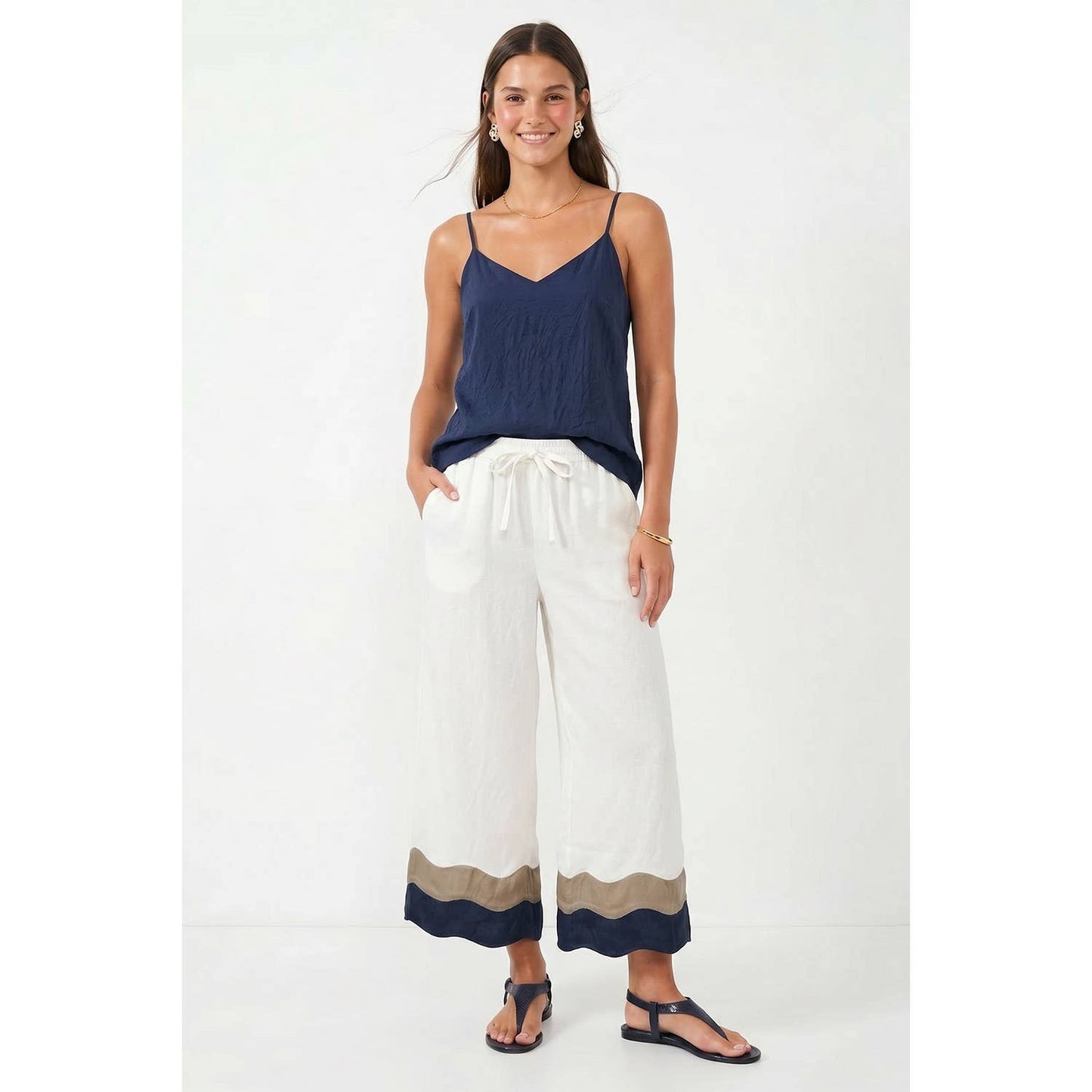 Wavy Colorblock Wide Leg Pants: Dark Navy / S