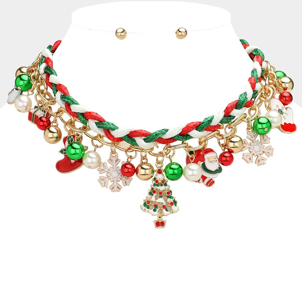 Enamel Christmas Charm Bell Chain Braided Layered Necklace