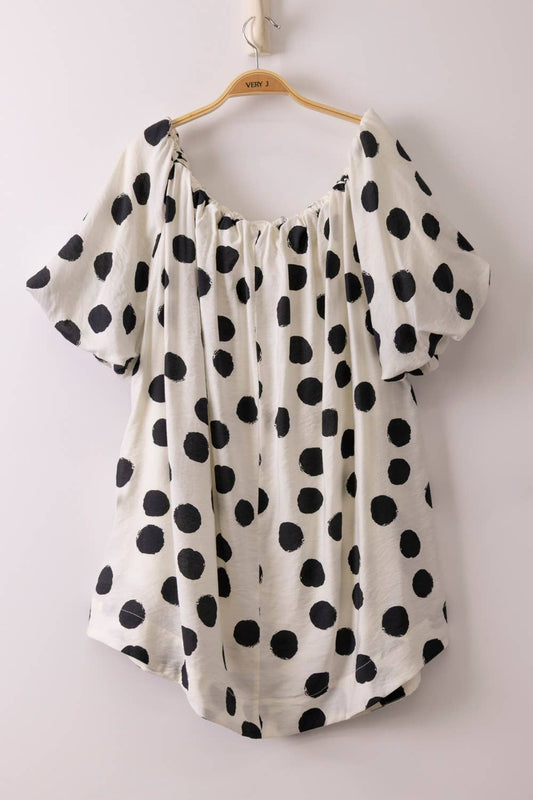 Elastic Detail Polka Dot Woven Mini Dress