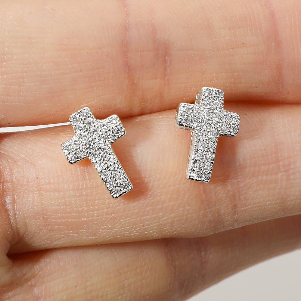 CZ Stone Paved Cross Stud Earrings: Yellow Gold