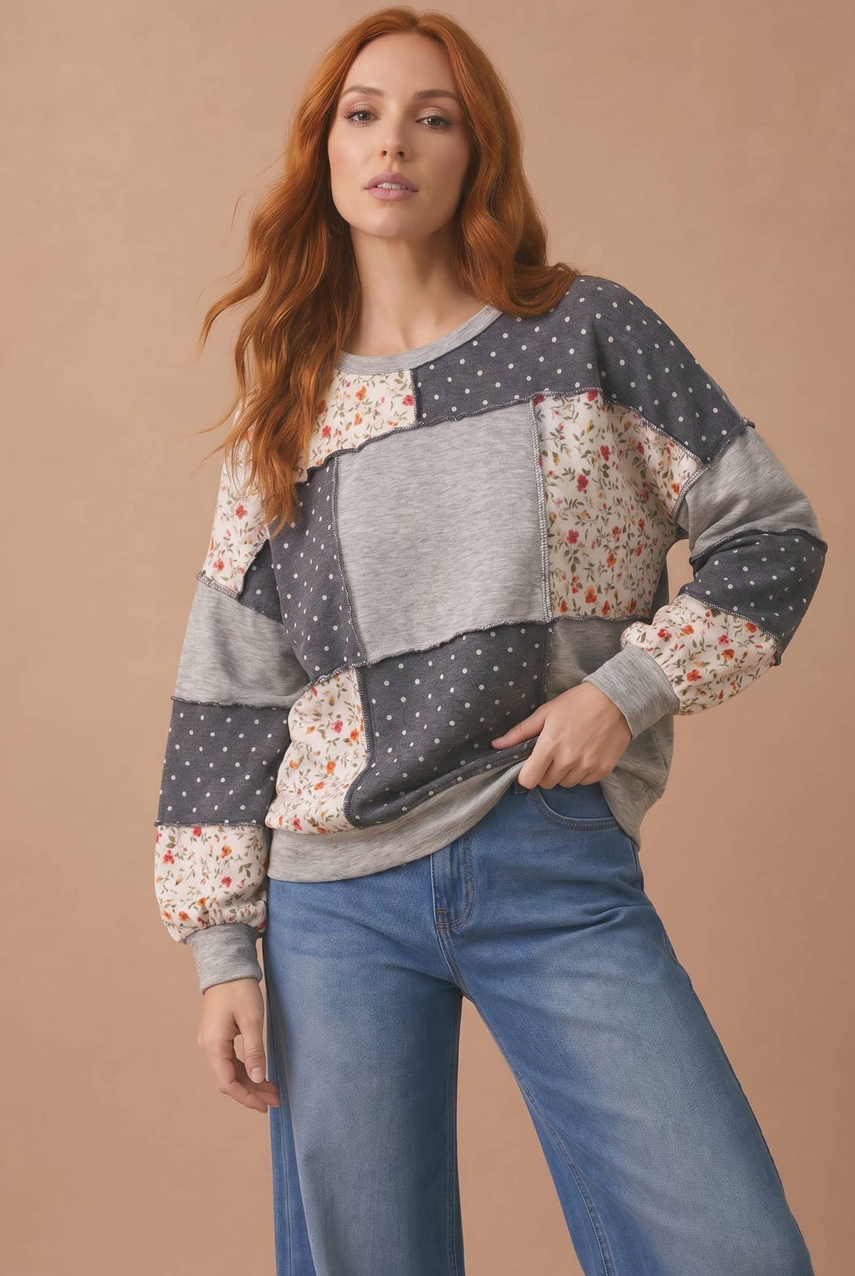 Round Neck Mixed Print Patchwork Pullover: GREY/CHARCOAL / S