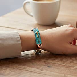 Cross Accented Metal Stretch Bracelet: Patina Verdigris
