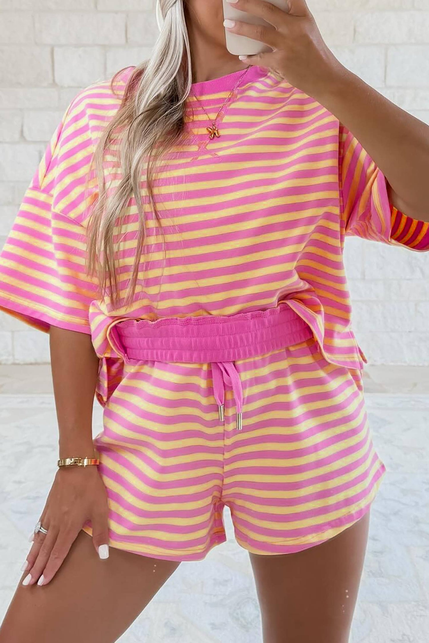 MDB Stripe Contrast Trim Boxy French Terry Short Set Pink/Yellow
