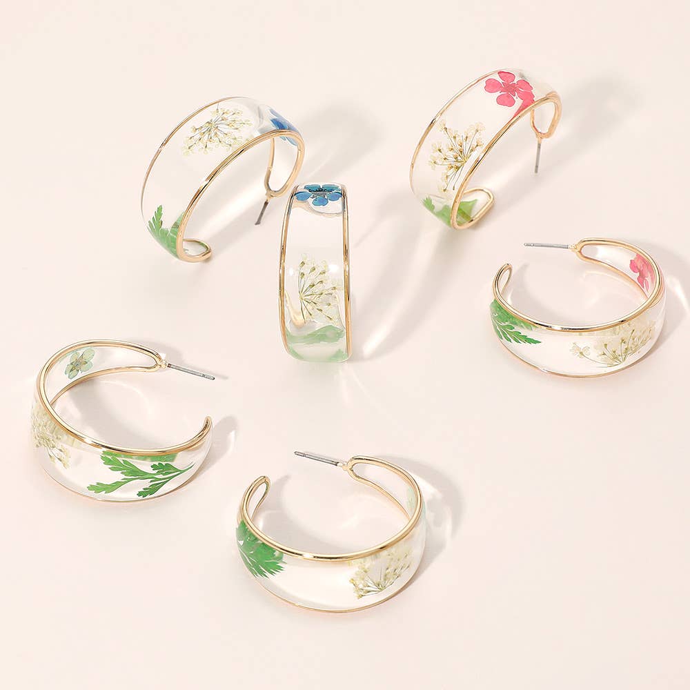 Botanical Floral Encased Hoop Earrings: Gold,Green