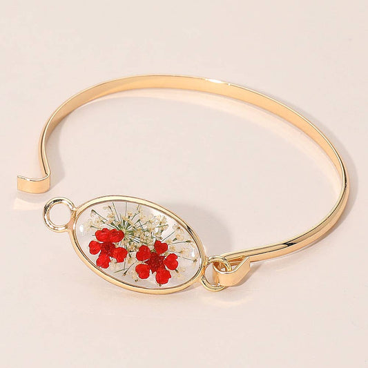 Floral Encased Oval Accent Bangle Bracelet: Gold,Pink