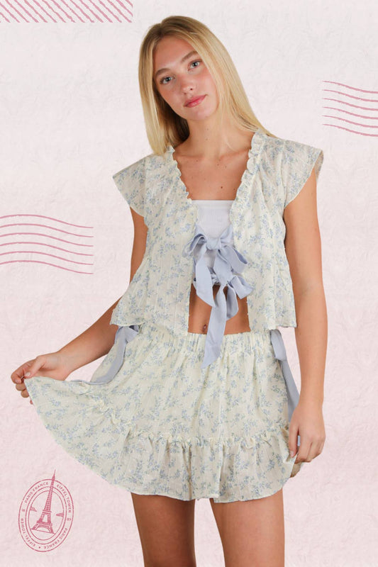 Floral Print Side Bow Mini Skort w Deep V Bow Tie Top Set