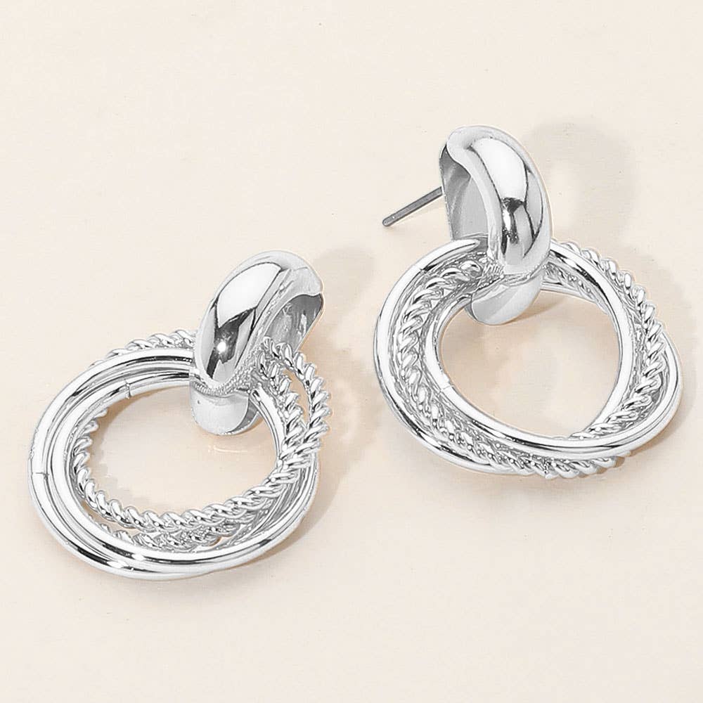 Textured Metal Interlocking Door Knocker Earrings: Silver