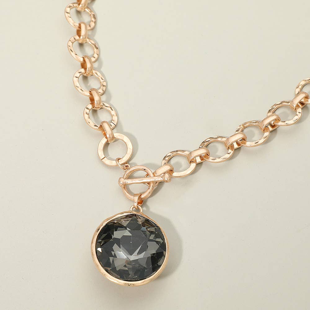Bold Oval Gemstone Pendant Brushed Metal Chunky Chain Toggle Necklace: Green