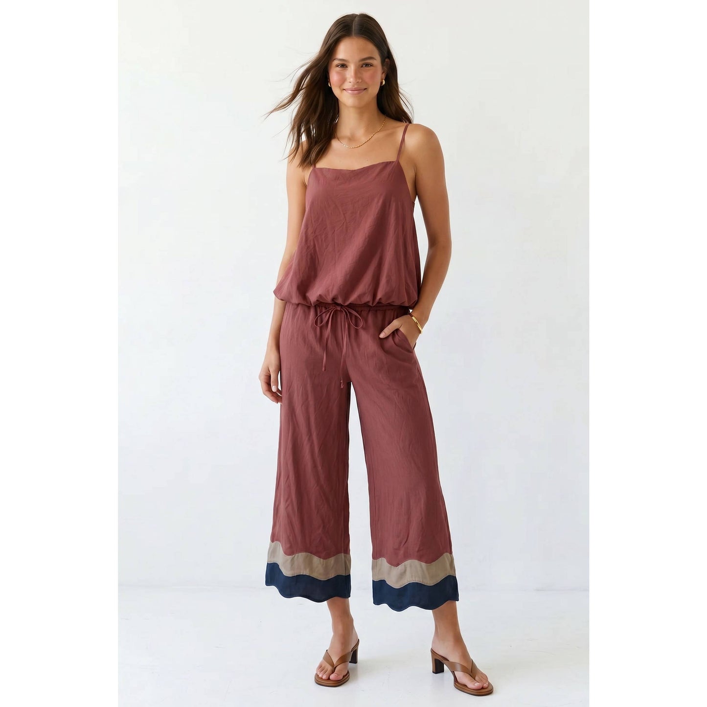 Wavy Colorblock Wide Leg Pants: Dark Navy / S