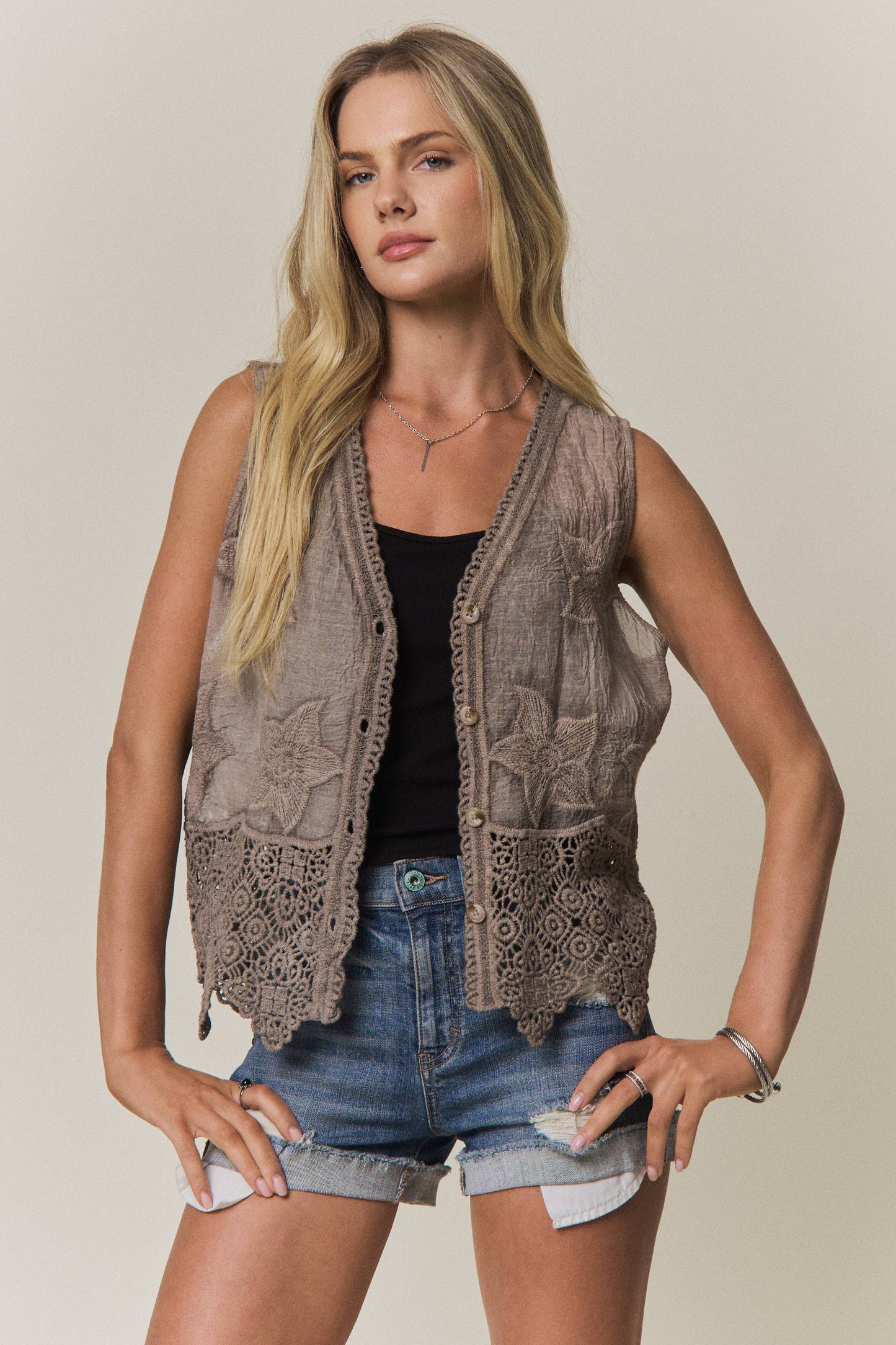 BOHO LACE PANEL BUTTON-FRONT VEST COFFEE ONE-SIZE
