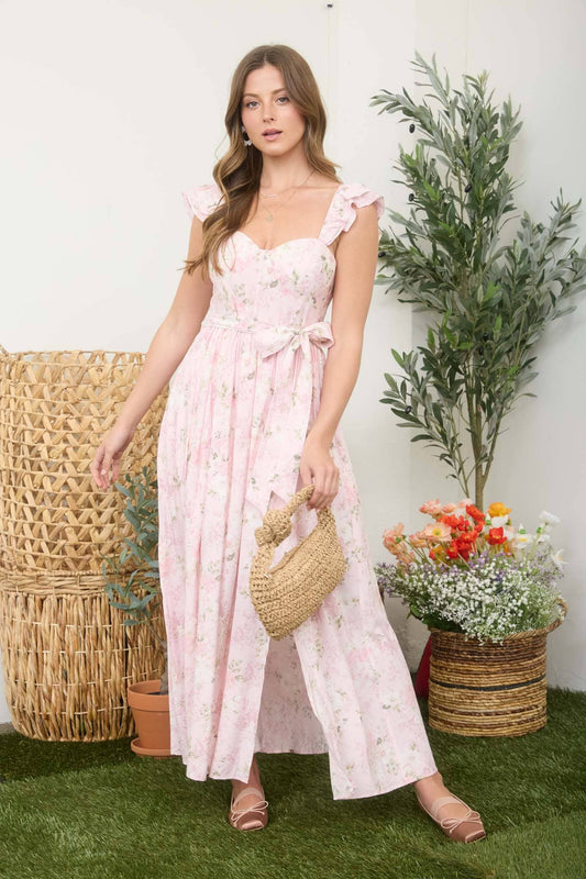 FLORAL WAIST TIE SIDE SLIT CORSET MAXI DRESS