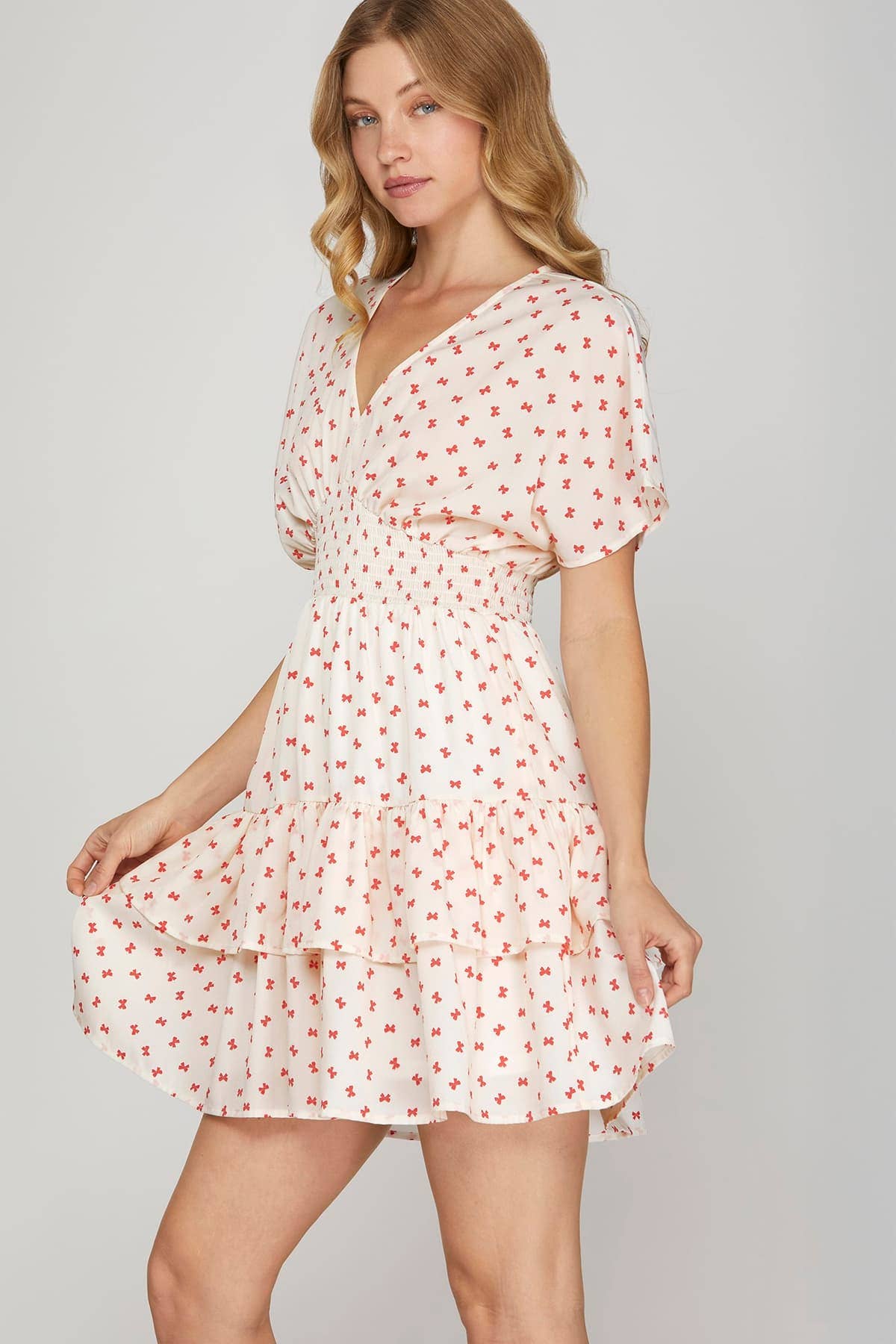 MINI BOW PRINT WAIST SMOCKING MINI DRESS